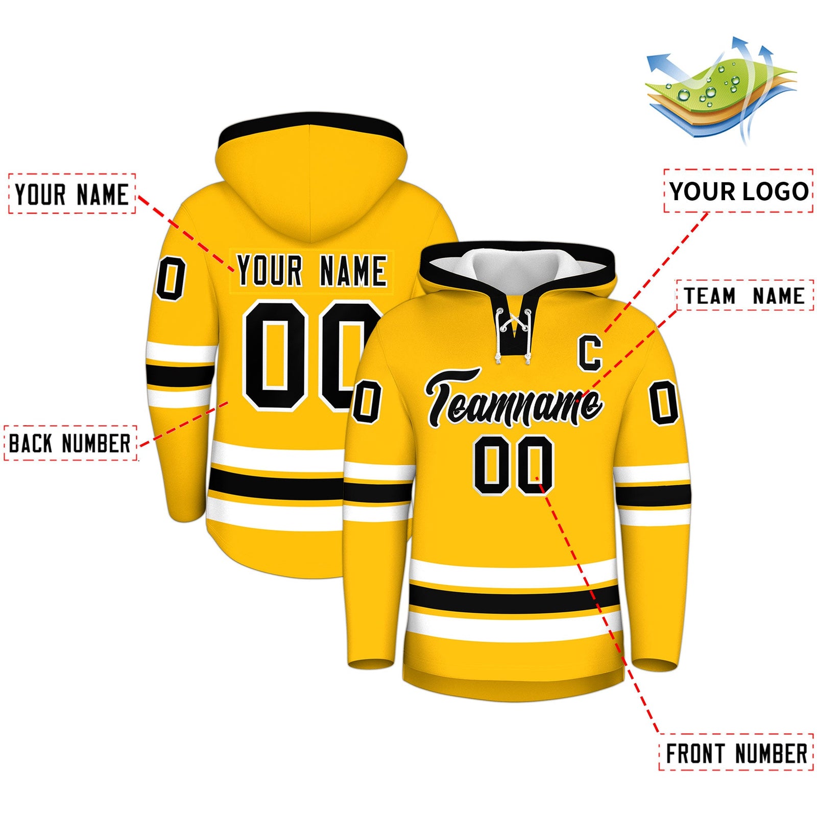 Custom Hockey Hoodie Jersey Gold Black Classic Style Add Name,Number & Logo