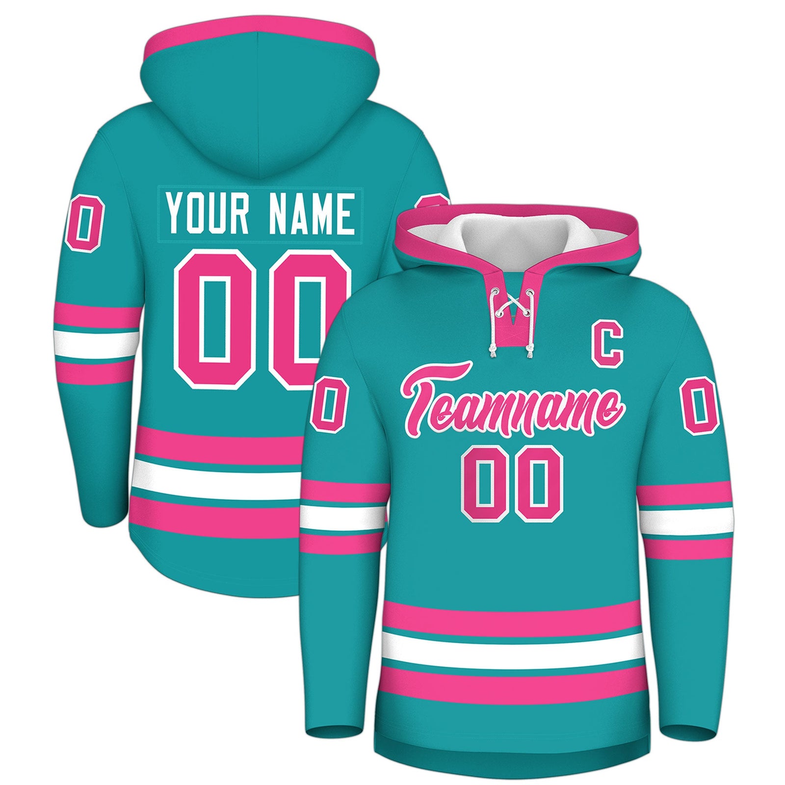 Custom Hockey Hoodie Jersey Aqua Pink Classic Style Add Name,Number & Logo