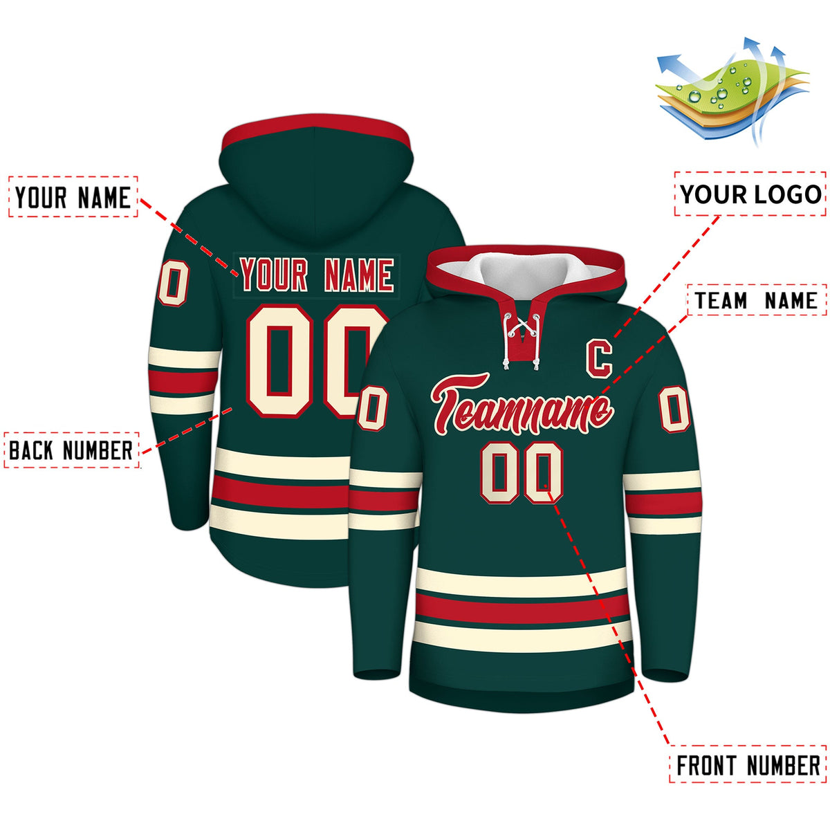 Custom Hockey Hoodie Jersey Midnight Green Red Classic Style Add Name,Number & Logo
