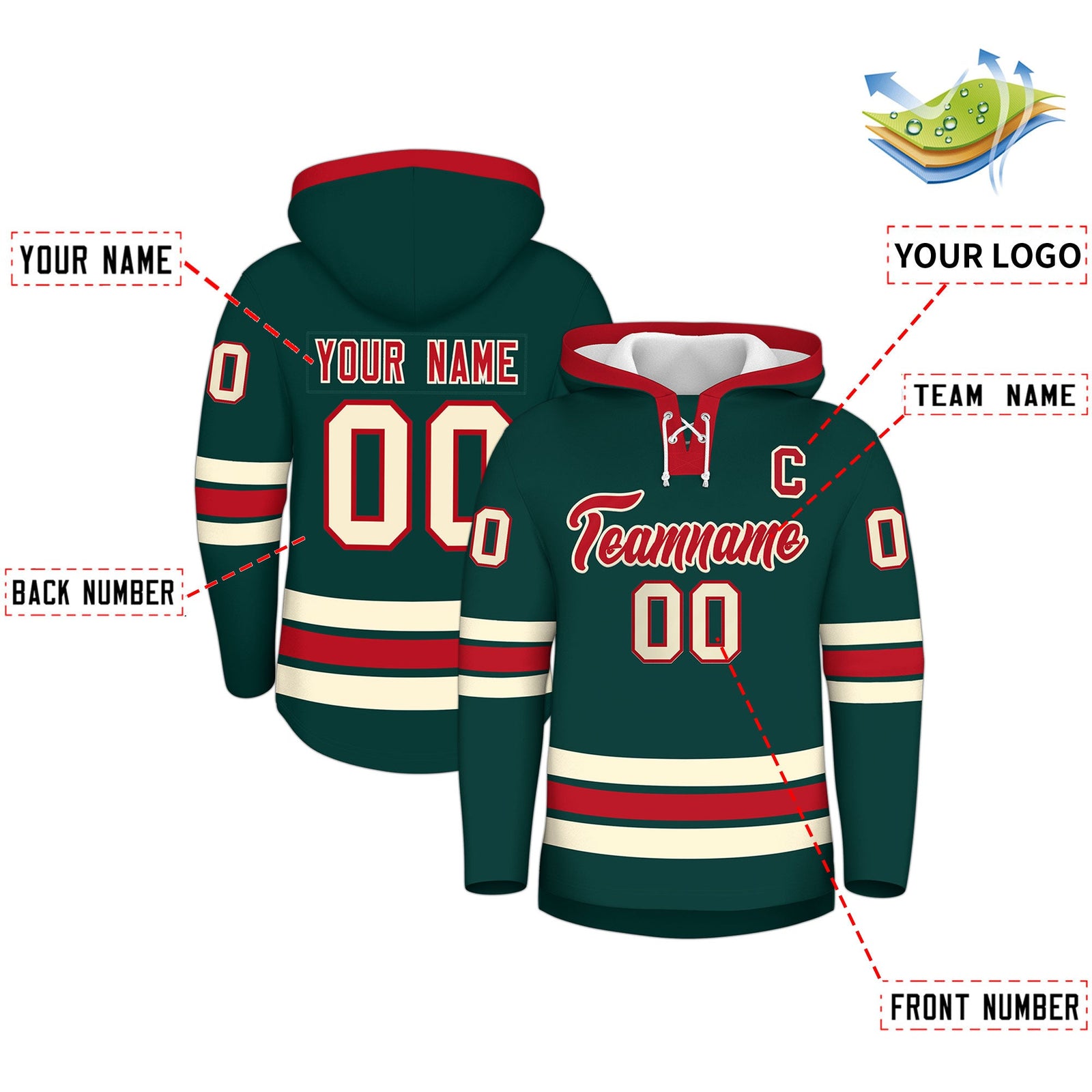 Custom Hockey Hoodie Jersey Midnight Green Red Classic Style Add Name,Number & Logo