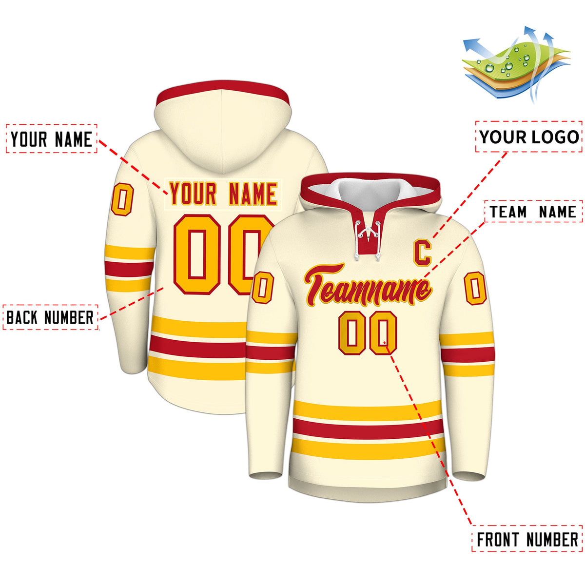 Custom Hockey Hoodie Jersey Cream Red Classic Style Add Name,Number & Logo