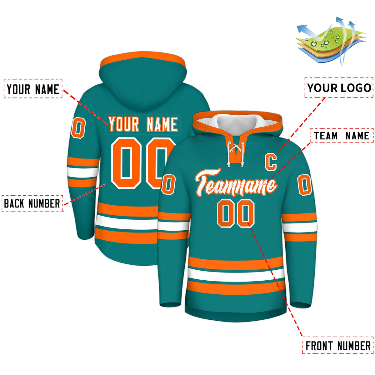 Custom Hockey Hoodie Jersey Teal Orange Classic Style Add Name,Number & Logo