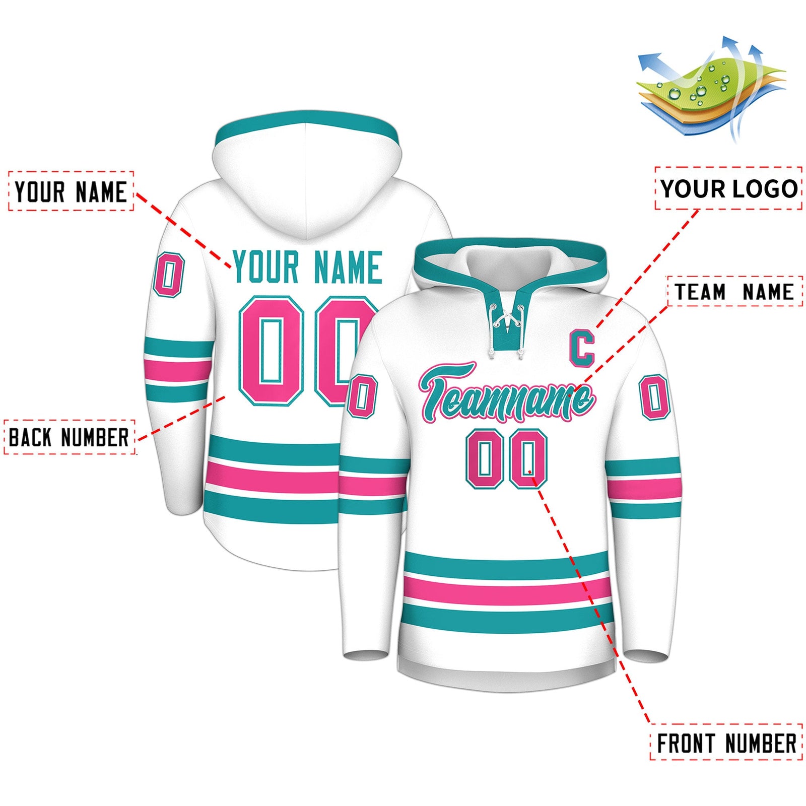 Custom Hockey Hoodie Jersey White Aqua Classic Style for Men&Youth