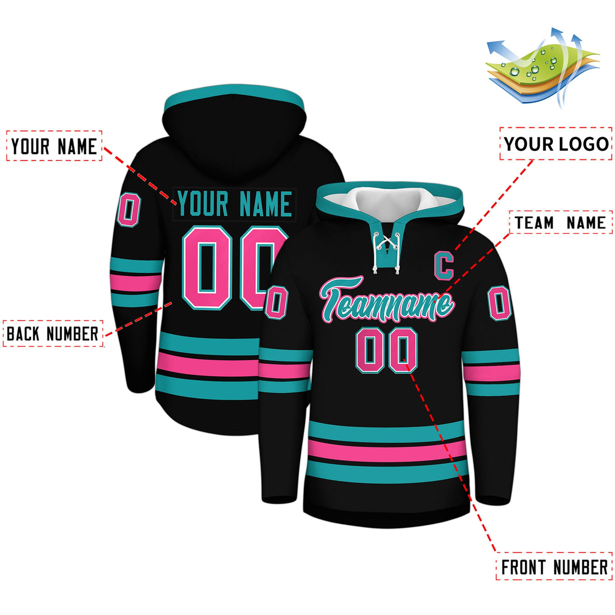 Custom Hockey Hoodie Jersey Black Aqua Classic Style Add Name,Number & Logo