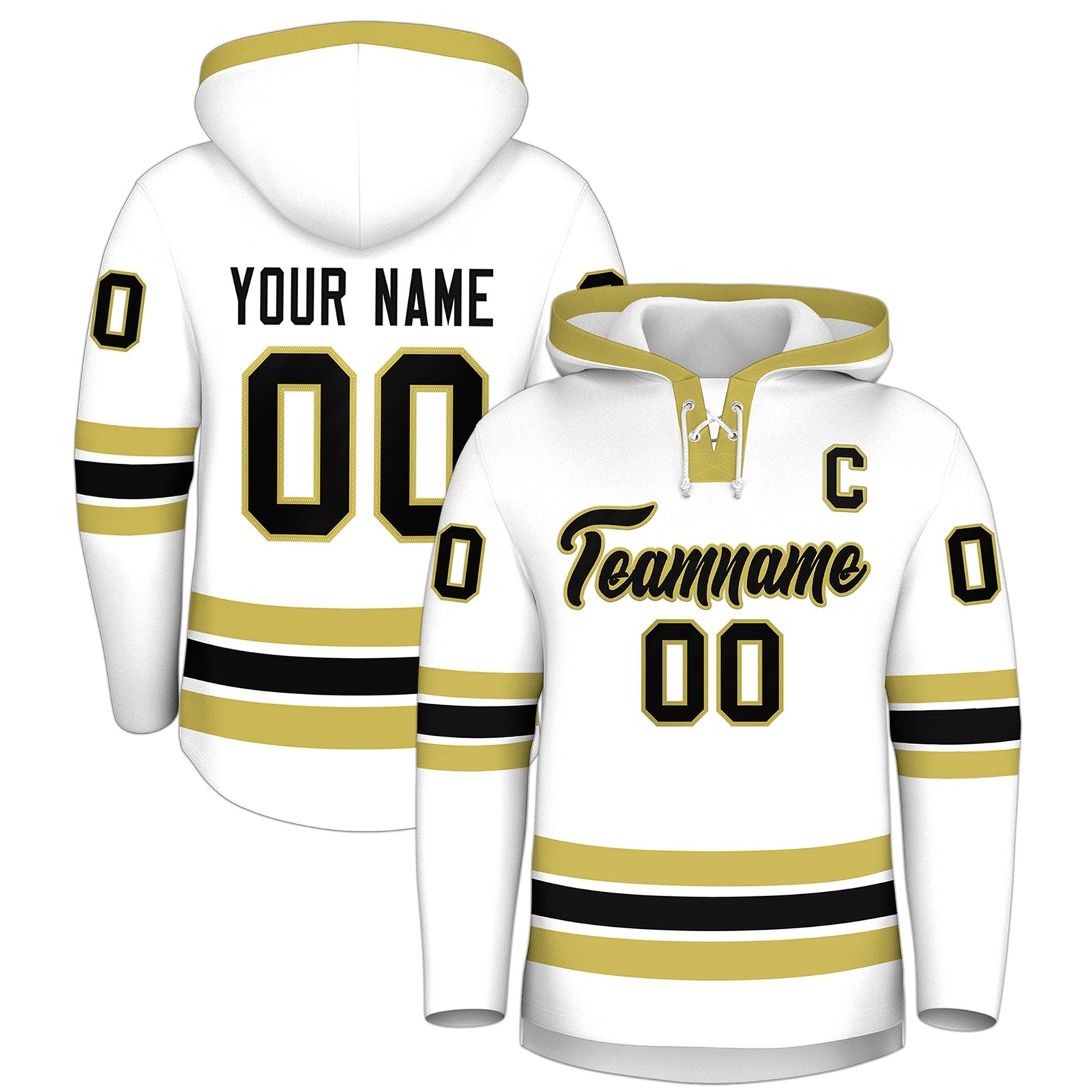 Custom Hockey Hoodie Jersey White Old Gold Classic Style Add Name,Number & Logo