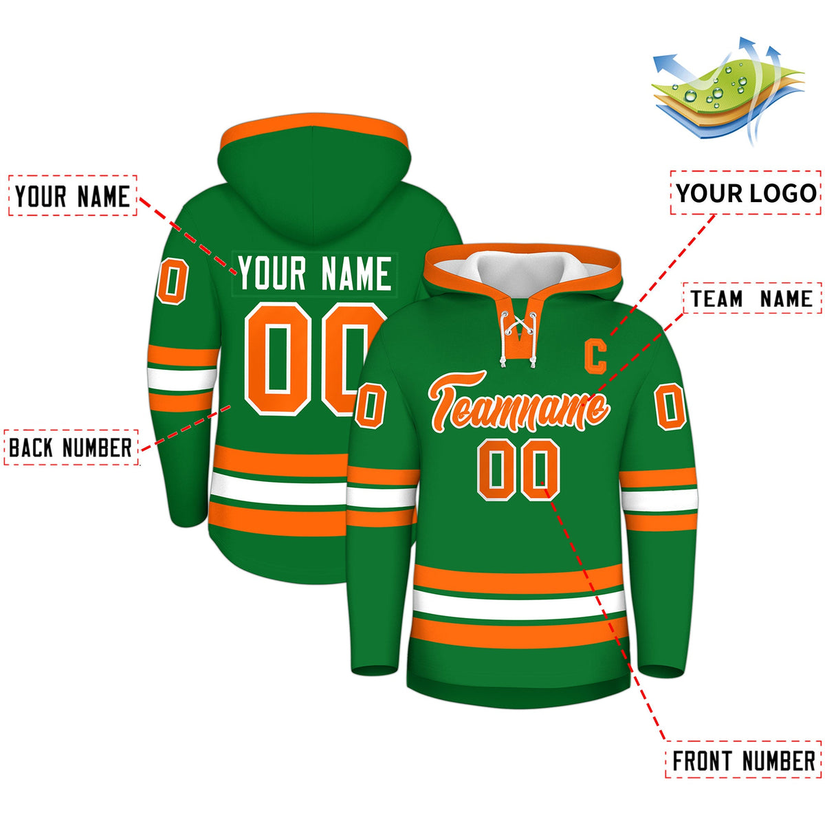 Custom Hockey Hoodie Jersey Kelly Green Orange Classic Style for Men&Youth