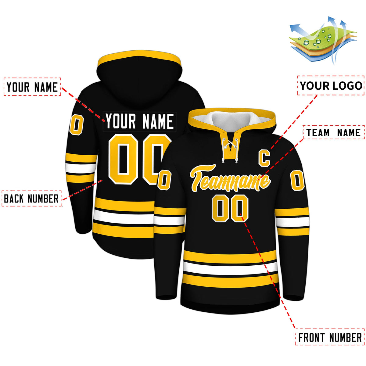 Custom Hockey Hoodie Jersey Black Gold Classic Style for Men&Youth