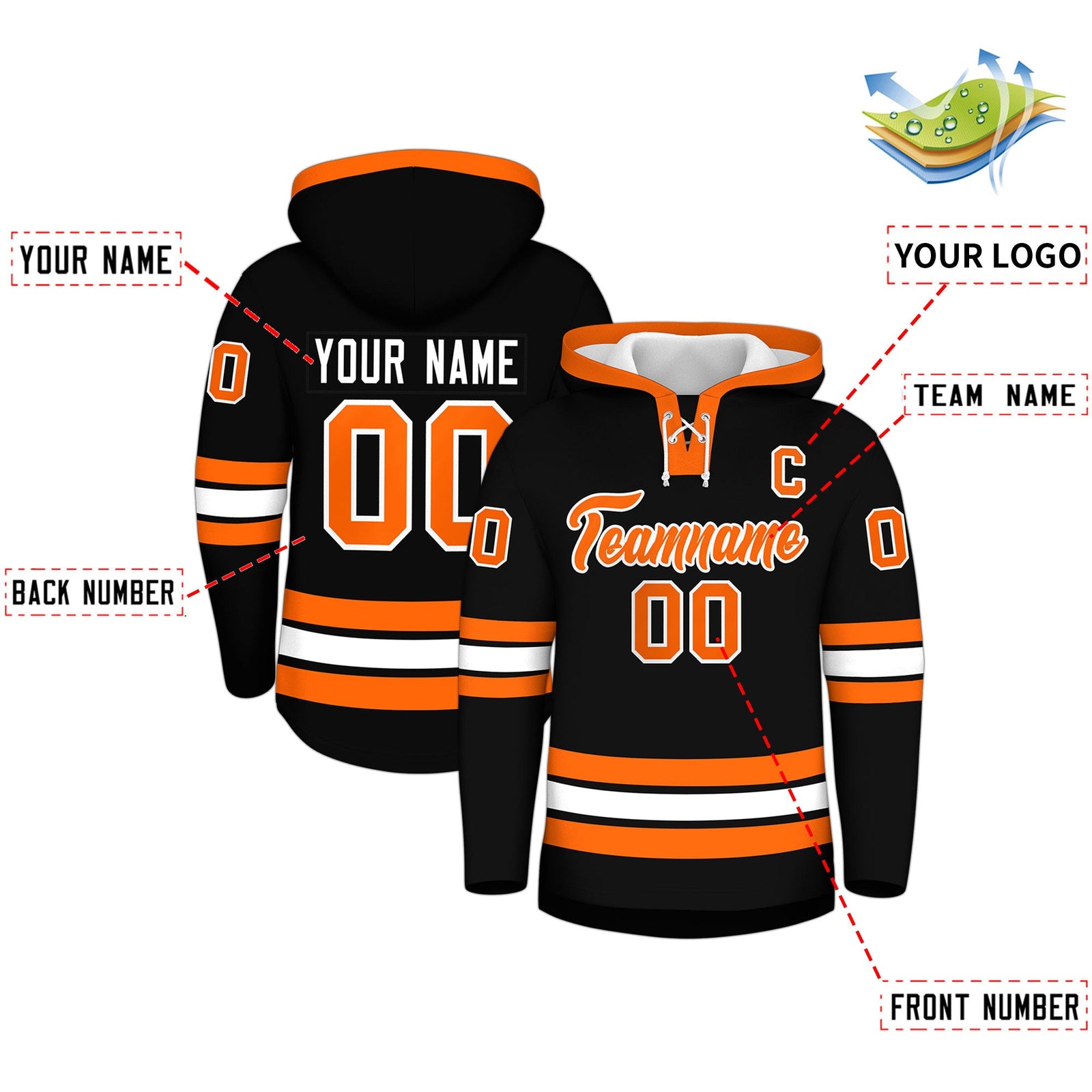Custom Hockey Hoodie Jersey Black Orange Classic Style Add Name,Number & Logo