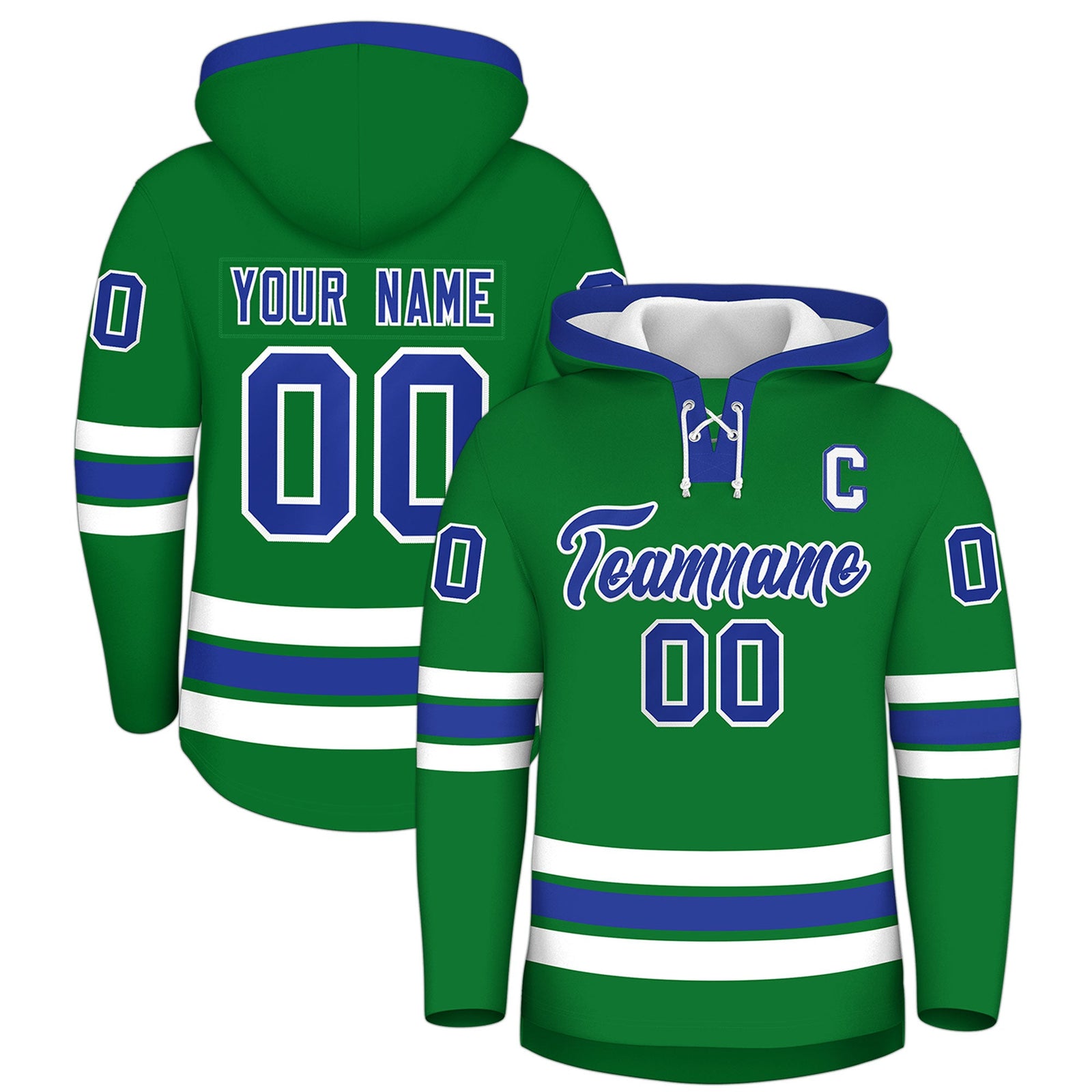 Custom Hockey Hoodie Jersey Kelly Green Royal Blue Classic Style Add Name,Number & Logo