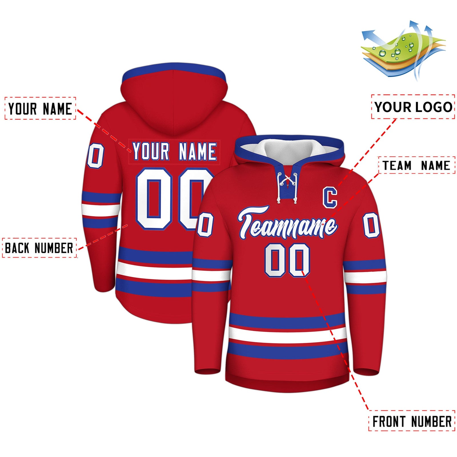 Custom Hockey Hoodie Jersey Red Royal Blue Classic Style Add Name,Number & Logo
