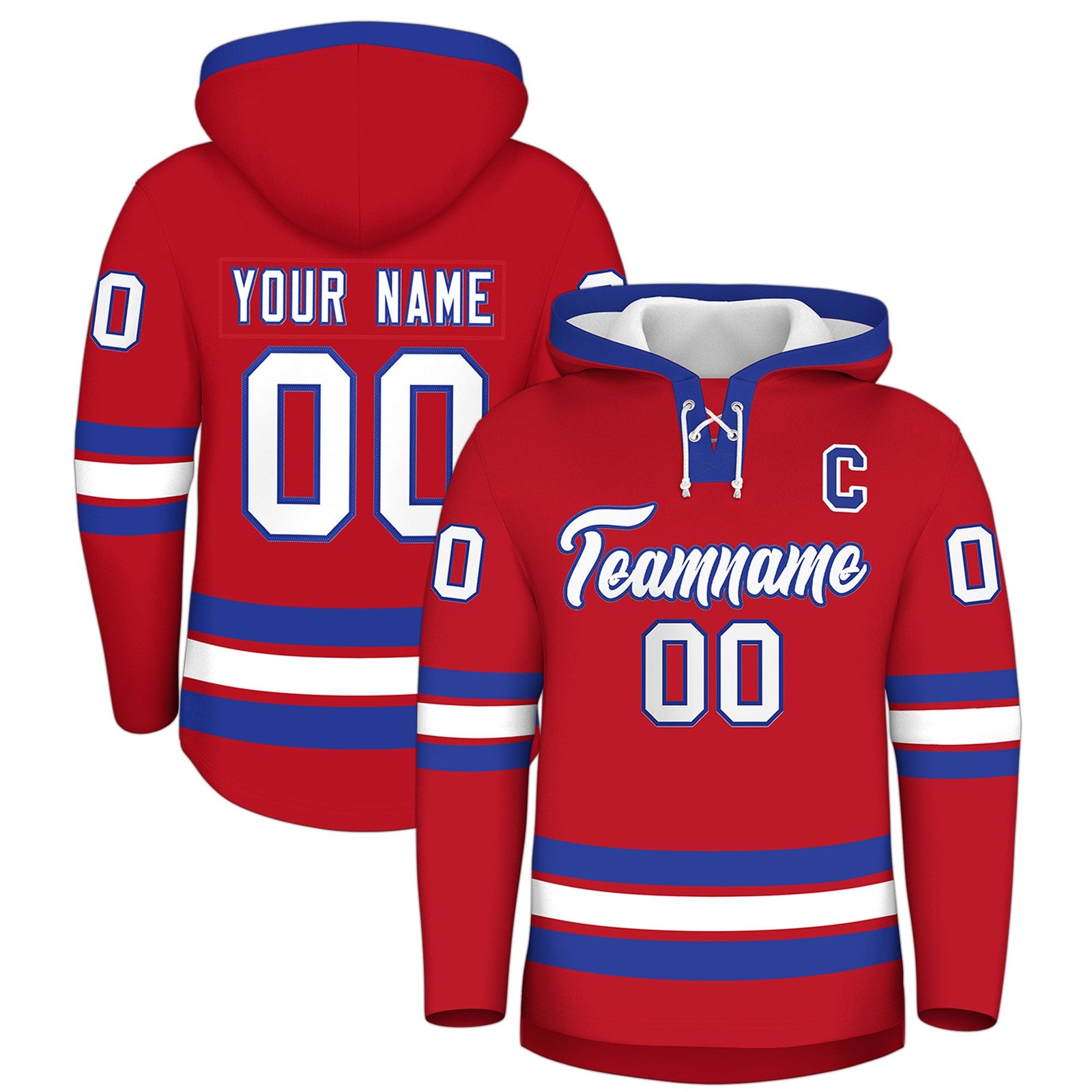 Custom Hockey Hoodie Jersey Red Royal Blue Classic Style Add Name,Number & Logo