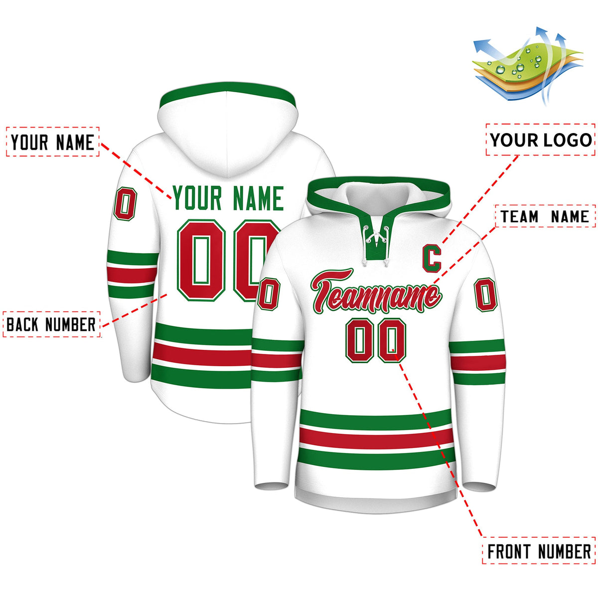 Custom Hockey Hoodie Jersey White Kelly Green Classic Style Add Name,Number & Logo