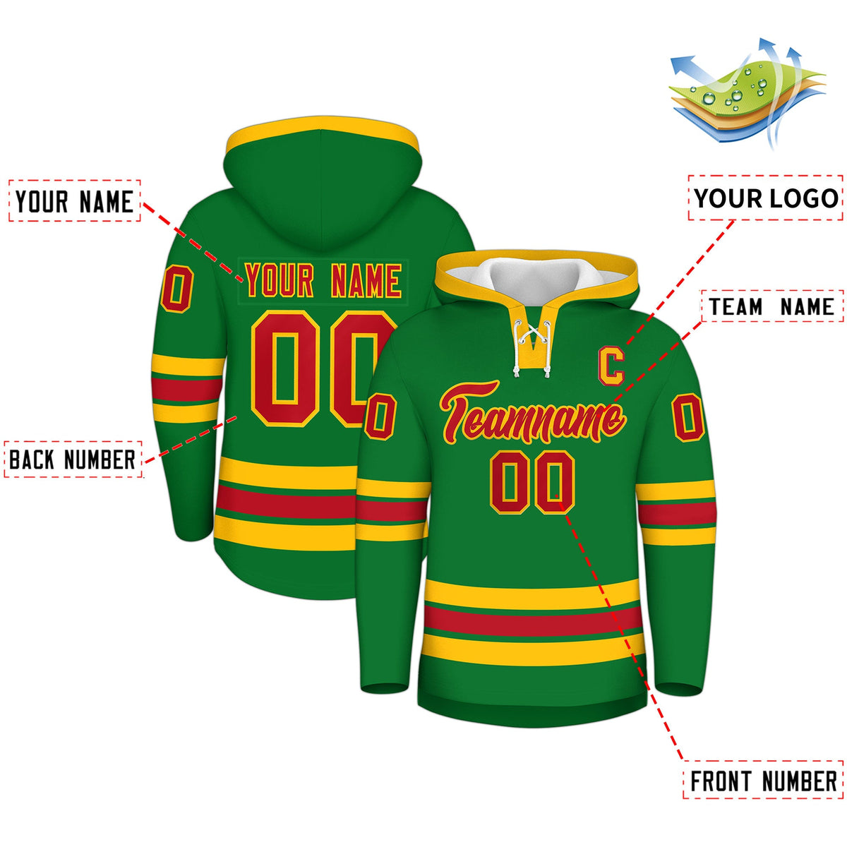 Custom Hockey Hoodie Jersey Kelly Green Red Classic Style Add Name,Number & Logo