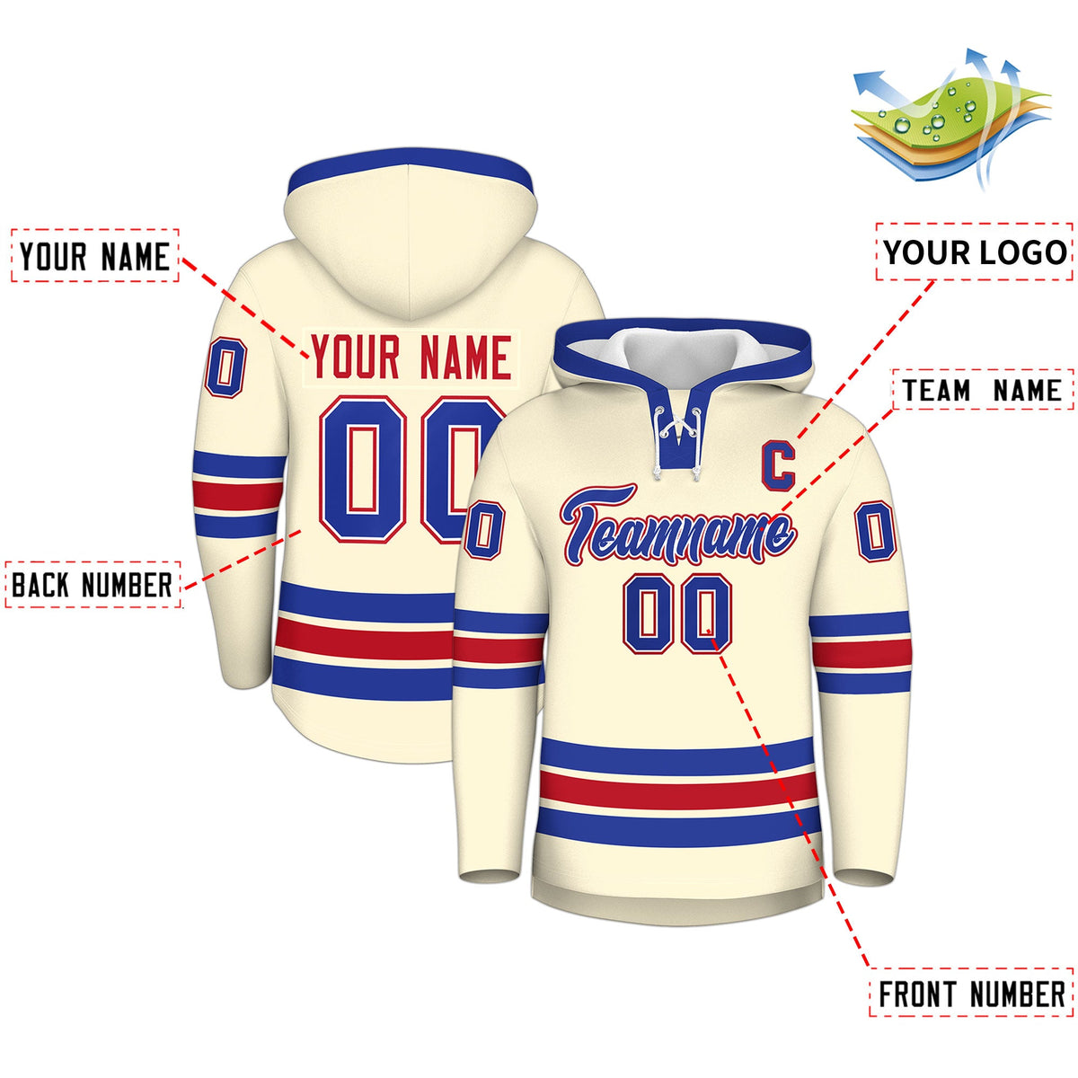 Custom Hockey Hoodie Jersey Cream Royal Blue Classic Style Add Name,Number & Logo