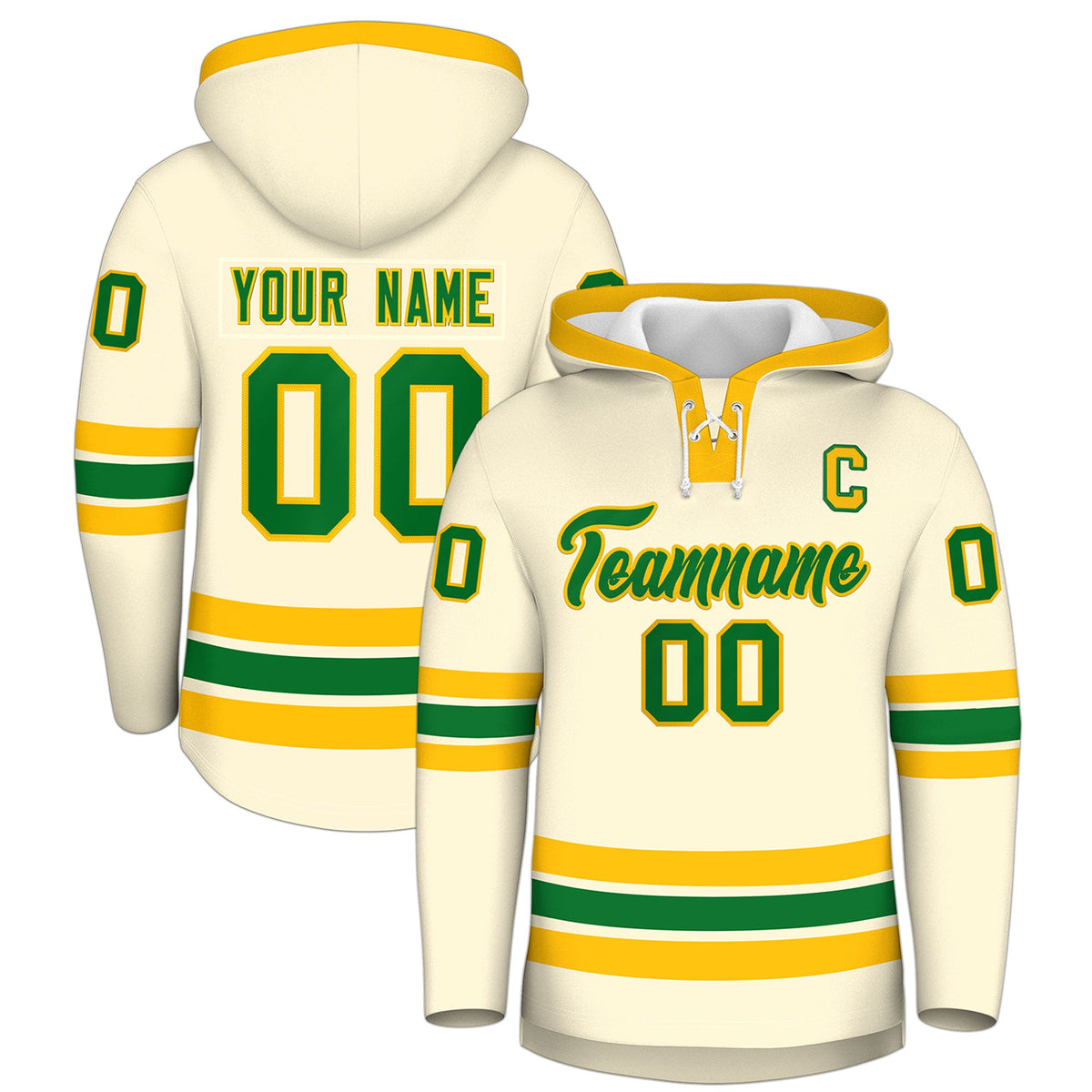 Custom Hockey Hoodie Jersey Cream Kelly Green Classic Style Add Name,Number & Logo