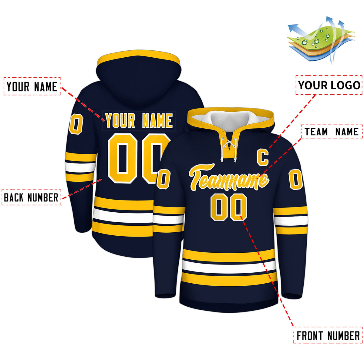 Custom Hockey Hoodie Jersey Navy White Classic Style Add Name,Number & Logo