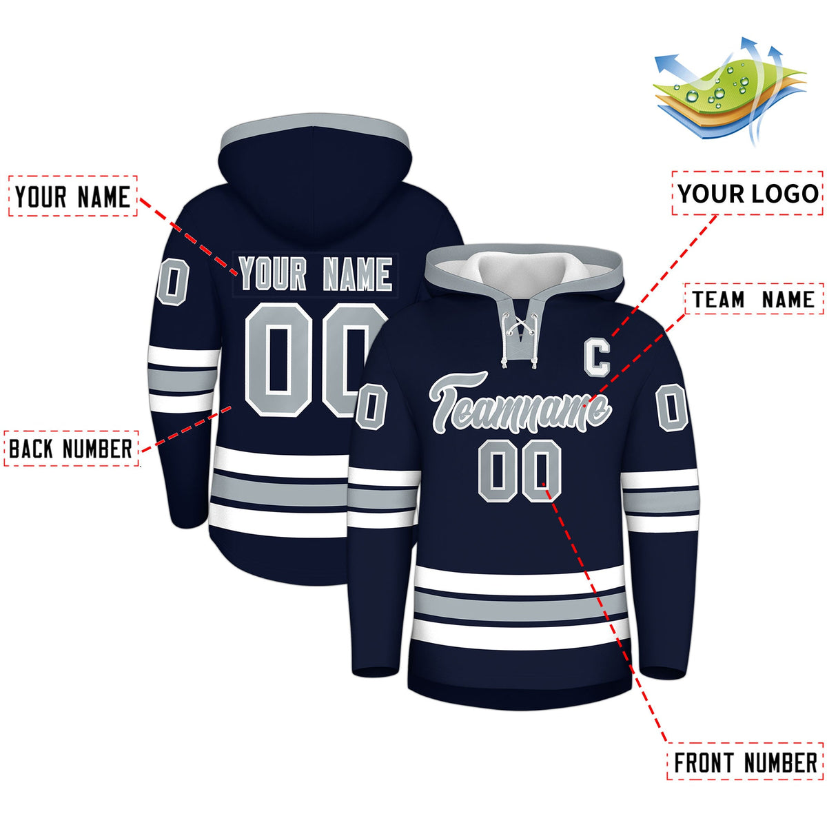 Custom Hockey Hoodie Jersey Navy Silver Classic Style Add Name,Number & Logo
