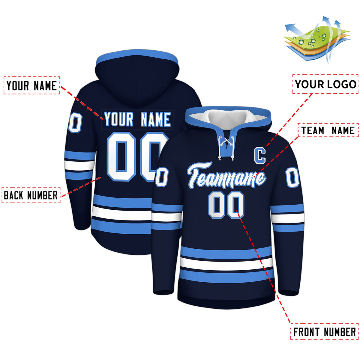 Custom Hockey Hoodie Jersey Navy Powder Blue Classic Style for Men&Youth