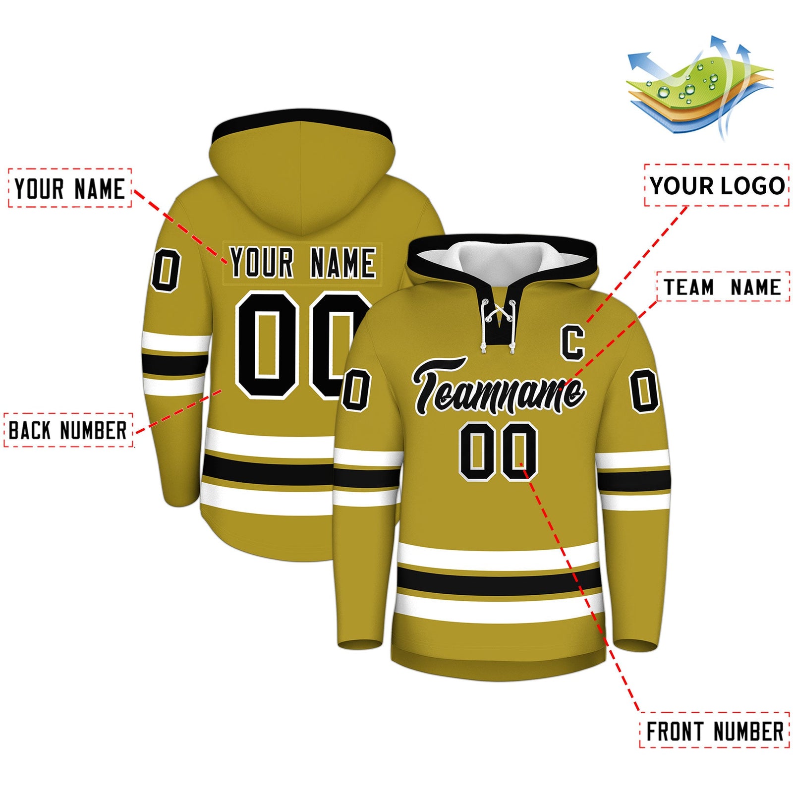 Custom Hockey Hoodie Jersey Old Gold Black Classic Style for Men&Youth