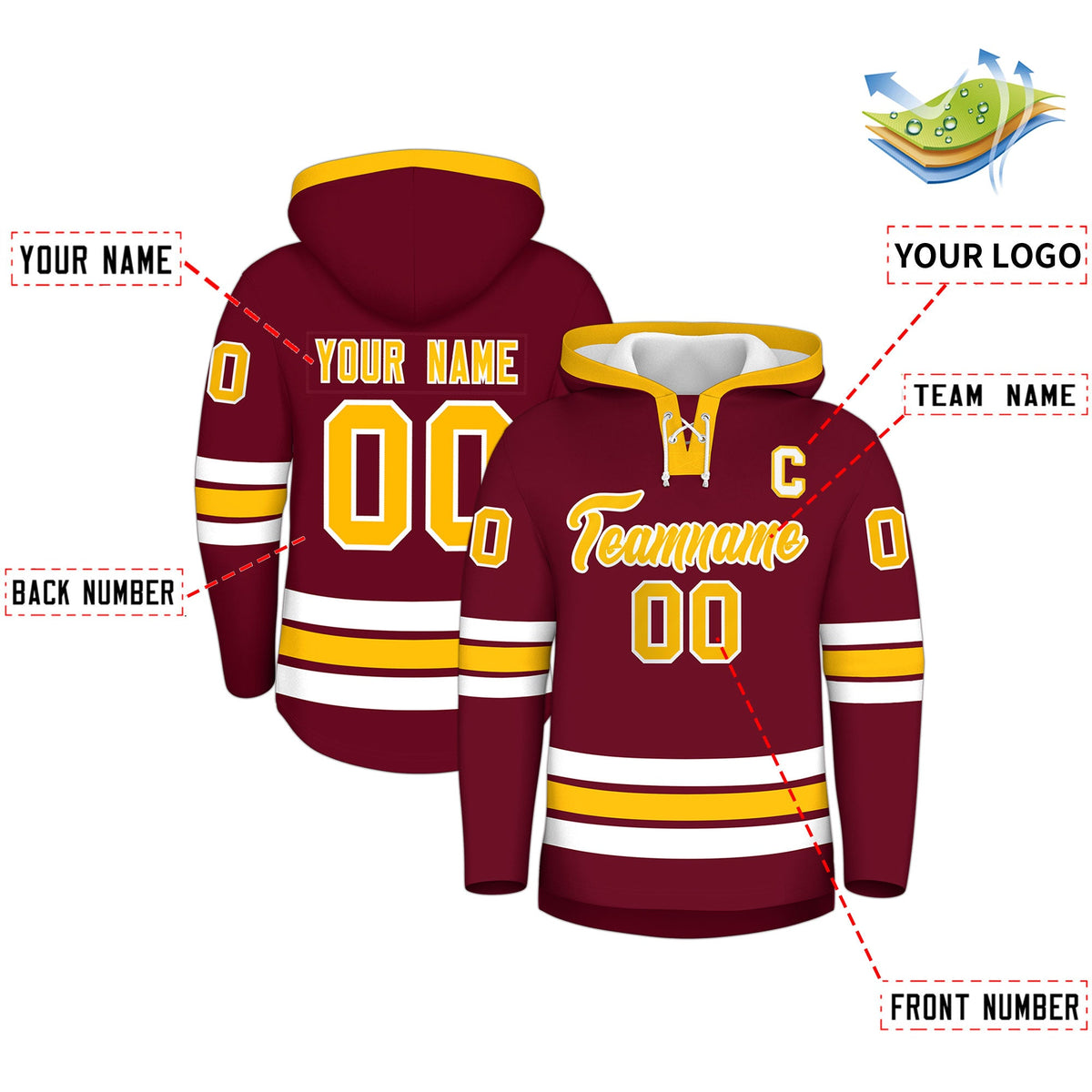 Custom Hockey Hoodie Jersey Crimson Gold Classic Style Add Name,Number & Logo
