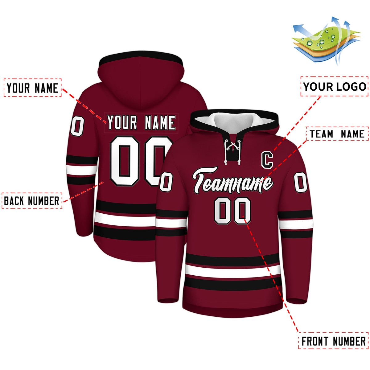 Custom Hockey Hoodie Jersey Crimson Black Classic Style Add Name,Number & Logo