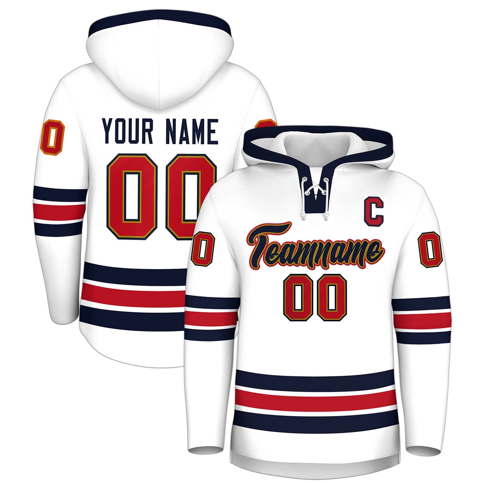 Custom Hockey Hoodie Jersey White Navy Classic Style Add Name,Number & Logo