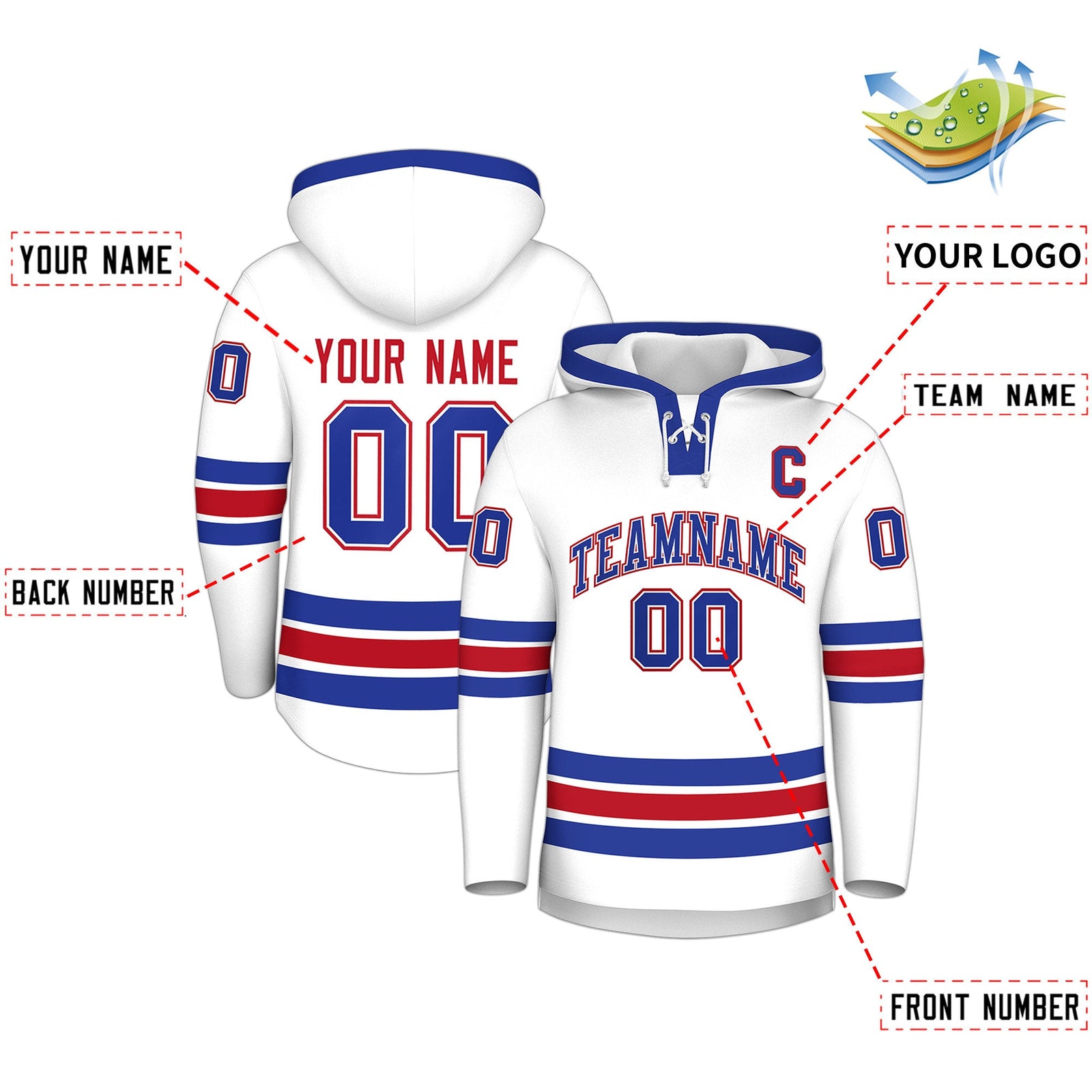 Custom Hockey Hoodie Jersey White Royal Blue Classic Style for Men&Youth