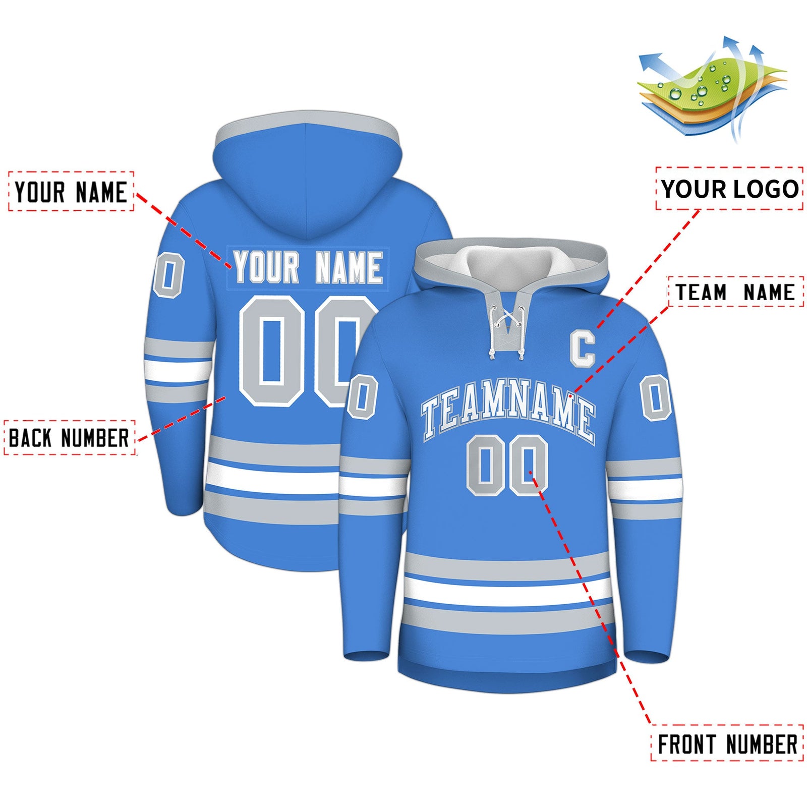 Custom Hockey Hoodie Jersey Powder Blue Silver Classic Style for Men&Youth