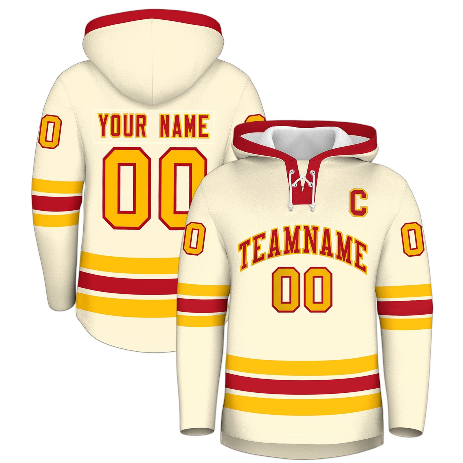 Custom Hockey Hoodie Jersey Cream Red Classic Style Add Name,Number & Logo