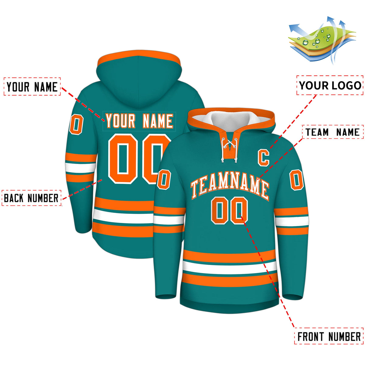 Custom Hockey Hoodie Jersey Teal Orange Classic Style Add Name,Number & Logo