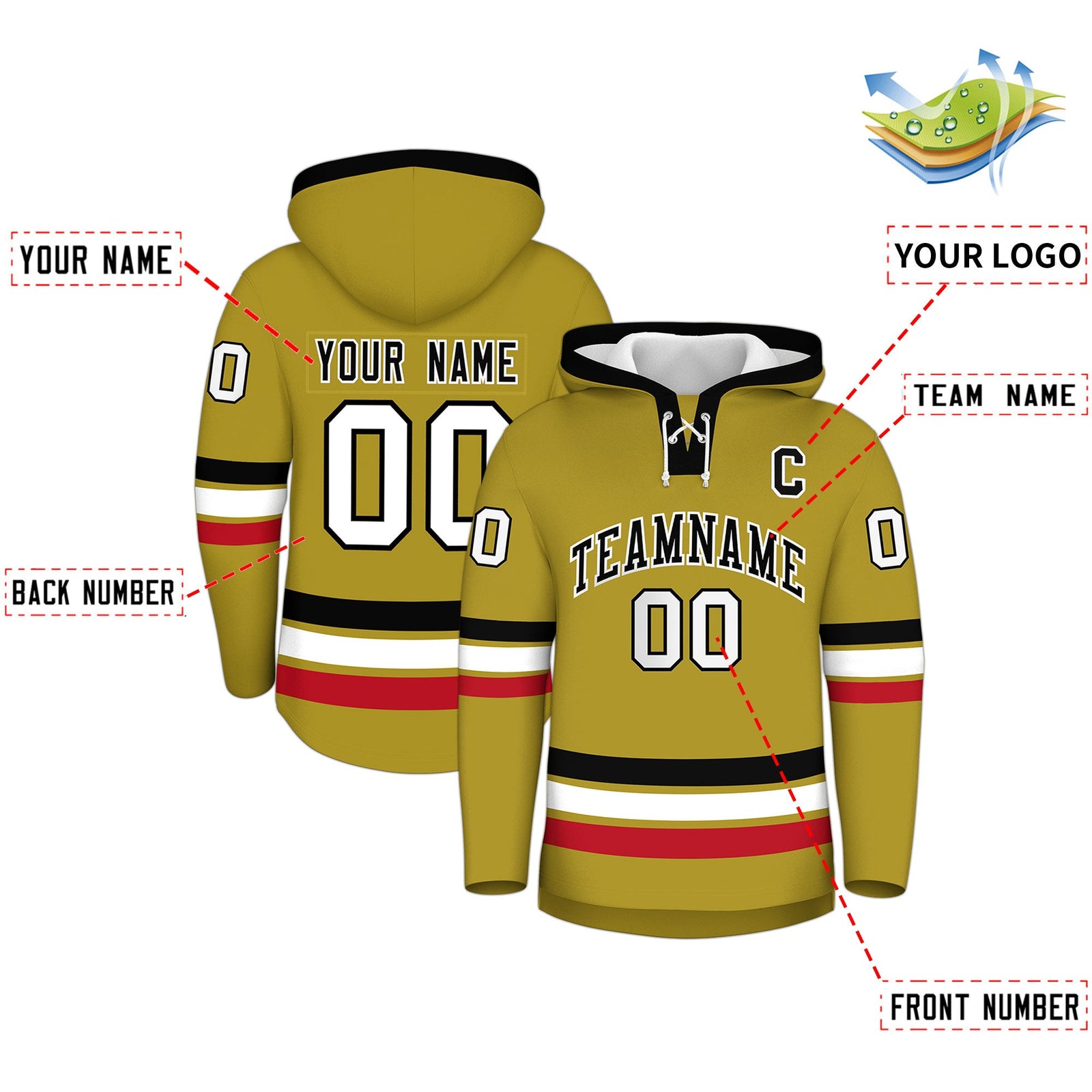 Custom Hockey Hoodie Jersey Old Gold Black Classic Style for Men&Youth
