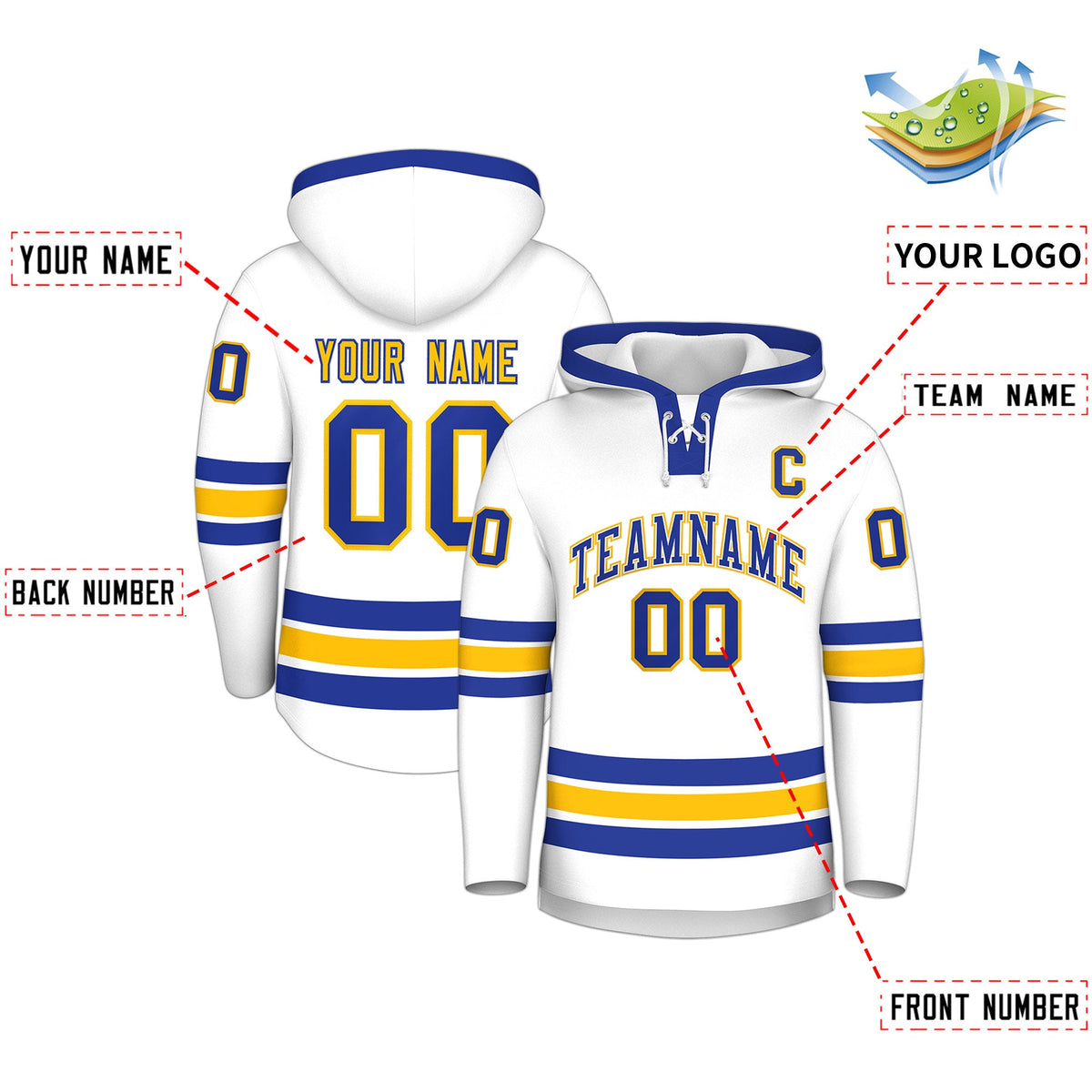Custom Hockey Hoodie Jersey White Royal Blue Classic Style Add Name,Number & Logo