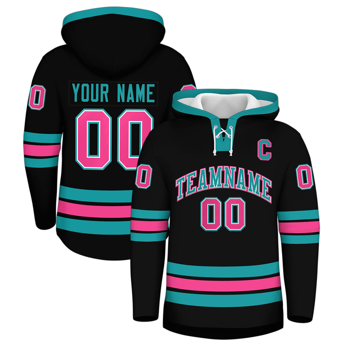 Custom Hockey Hoodie Jersey Black Aqua Classic Style Add Name,Number & Logo