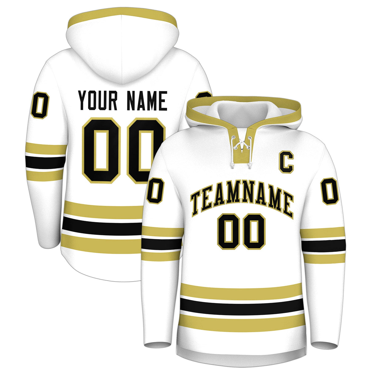 Custom Hockey Hoodie Jersey White Old Gold Classic Style Add Name,Number & Logo