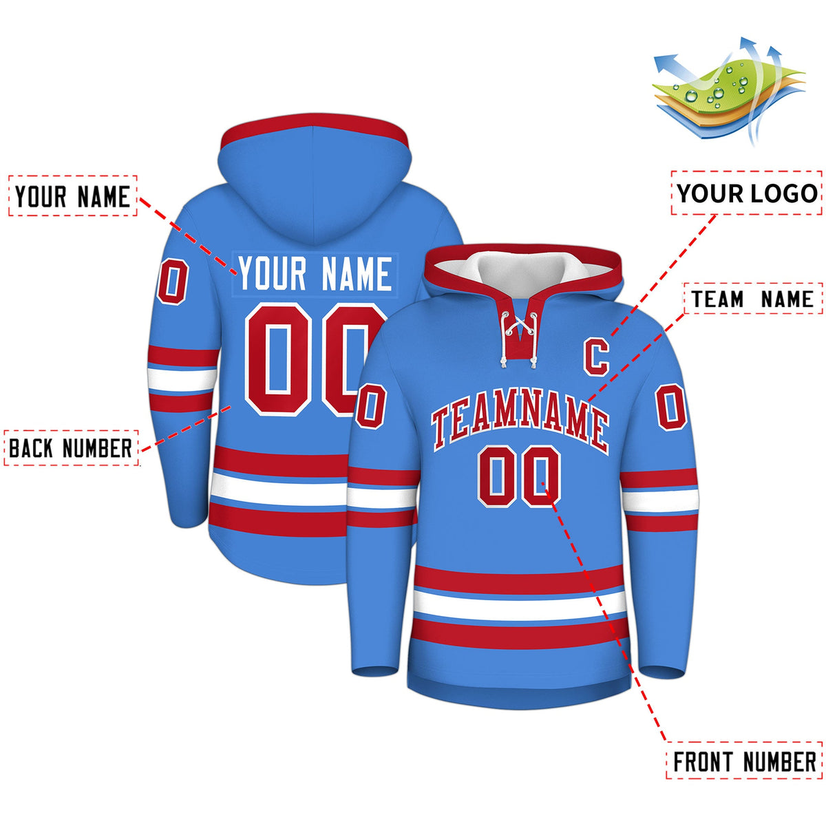 Custom Hockey Hoodie Jersey Powder Blue Red Classic Style for Men&Youth
