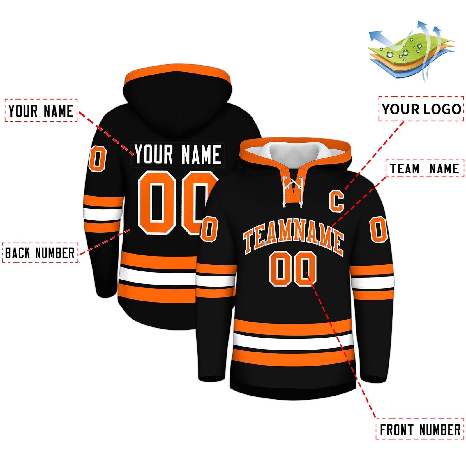 Custom Hockey Hoodie Jersey Black Orange Classic Style Add Name,Number & Logo