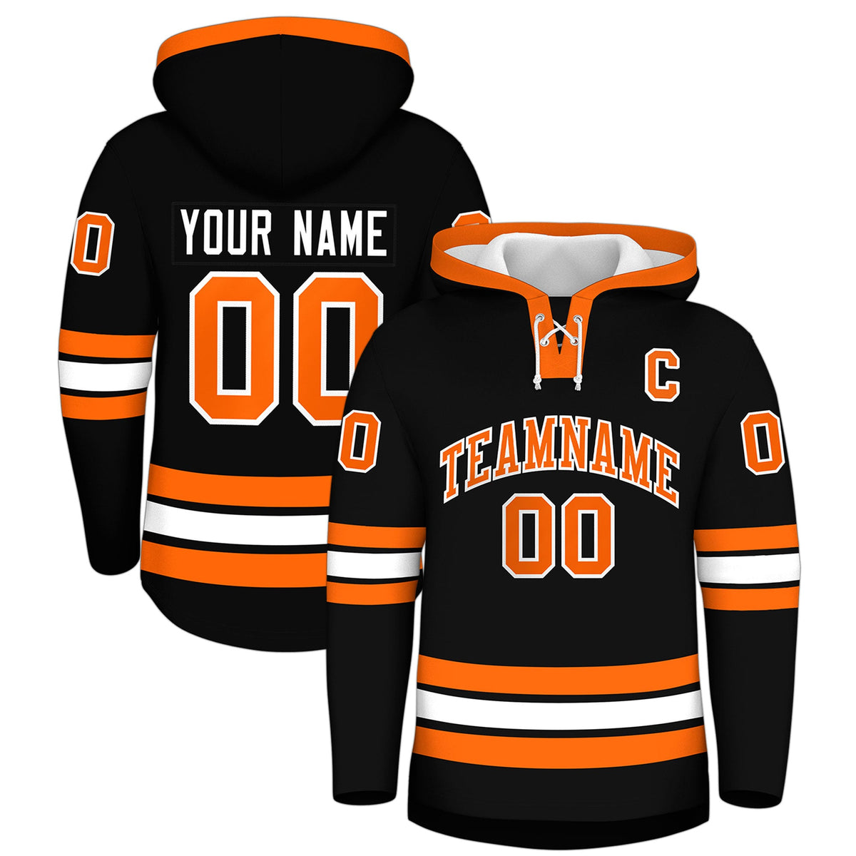 Custom Hockey Hoodie Jersey Black Orange Classic Style Add Name,Number & Logo