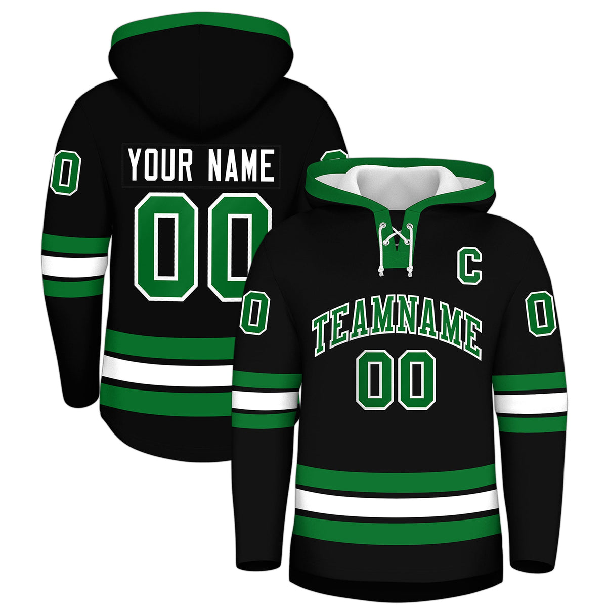 Custom Hockey Hoodie Jersey Black Kelly Green Classic Style for Men&Youth