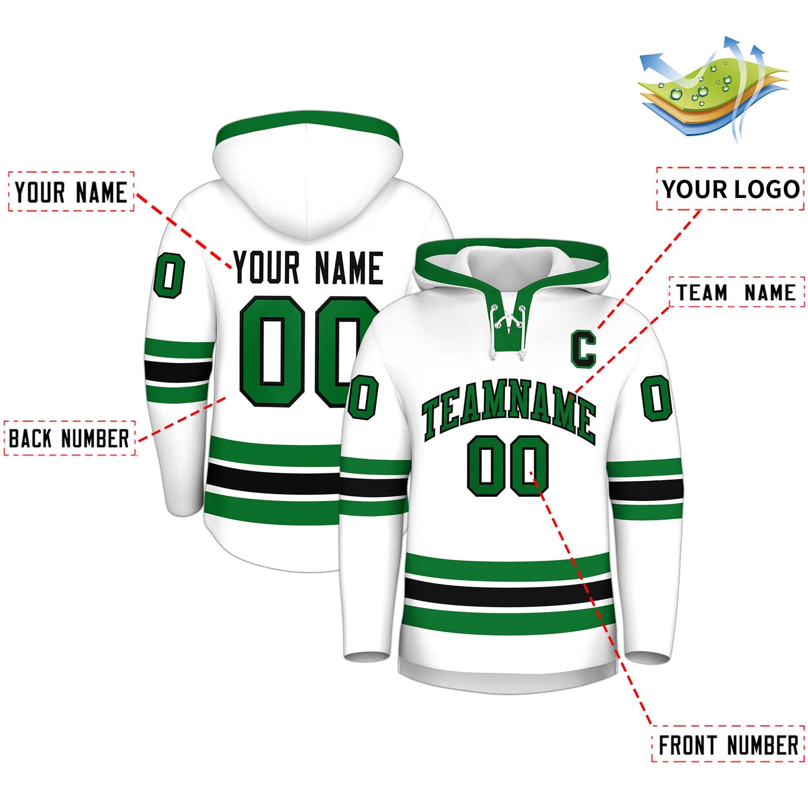 Custom Hockey Hoodie Jersey White Kelly Green Classic Style Add Name,Number & Logo