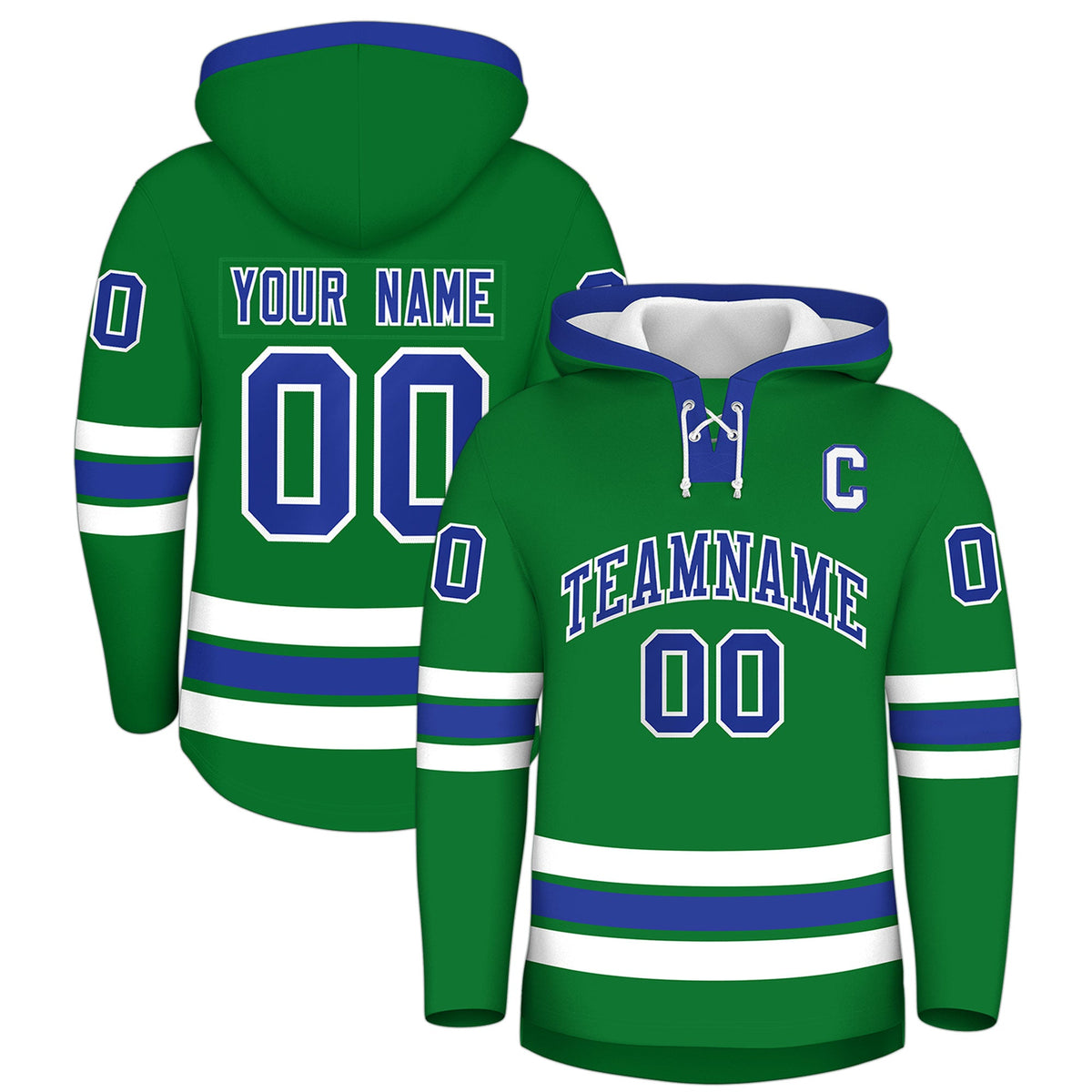 Custom Hockey Hoodie Jersey Kelly Green Royal Blue Classic Style Add Name,Number & Logo