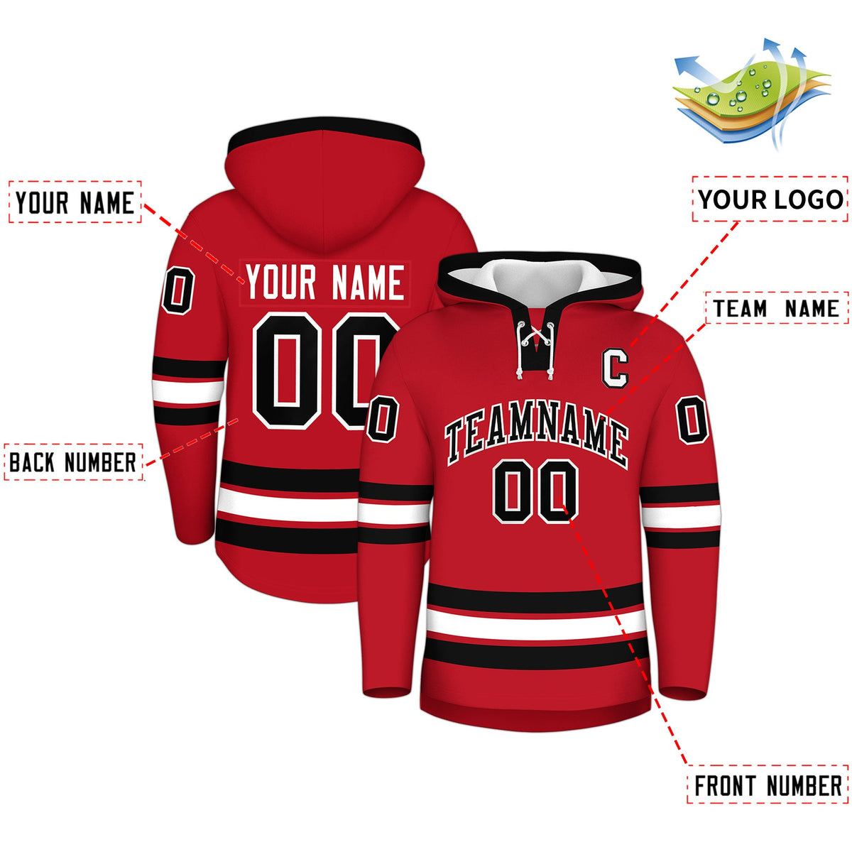 Custom Hockey Hoodie Jersey Red Black Classic Style Add Name,Number & Logo