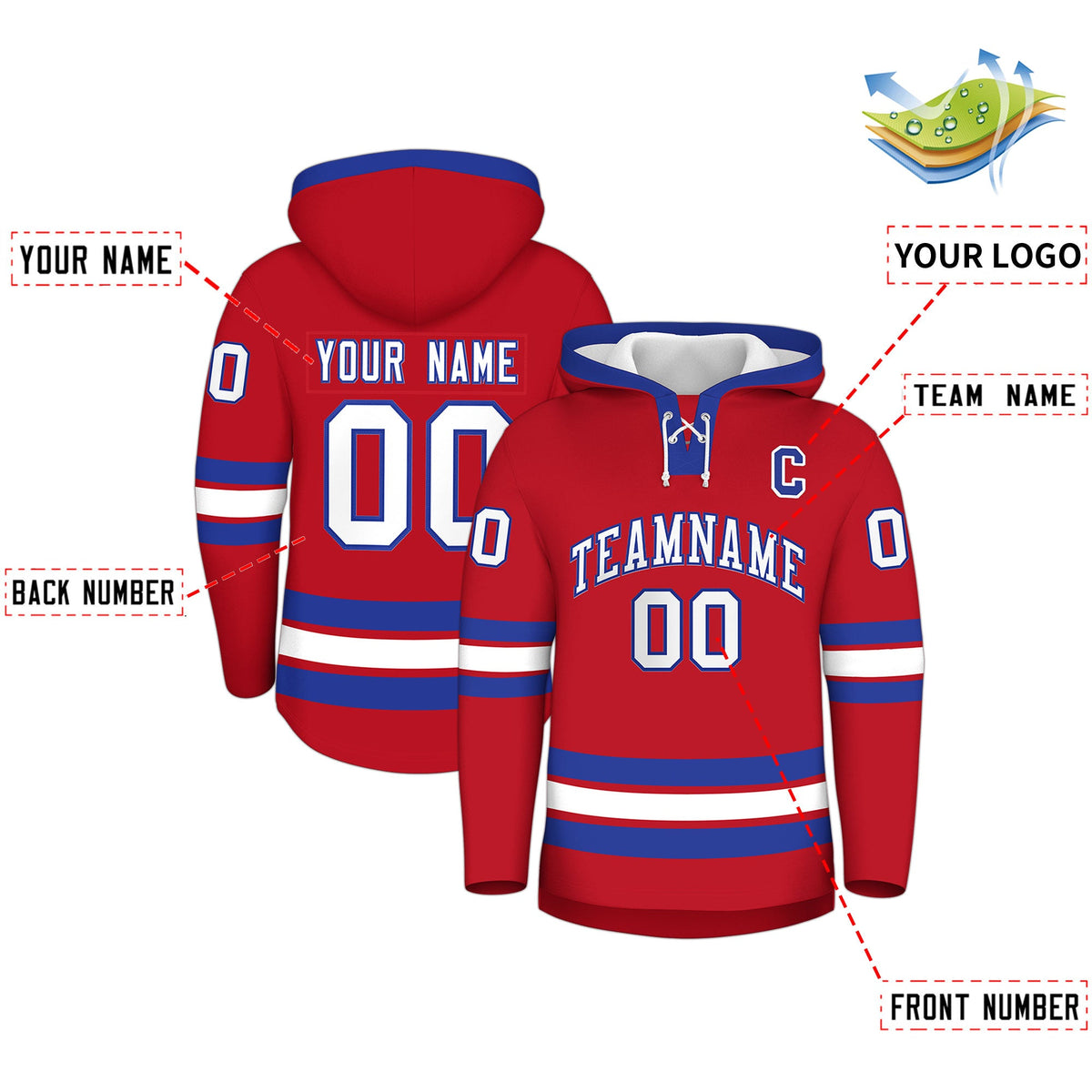 Custom Hockey Hoodie Jersey Red Royal Blue Classic Style Add Name,Number & Logo
