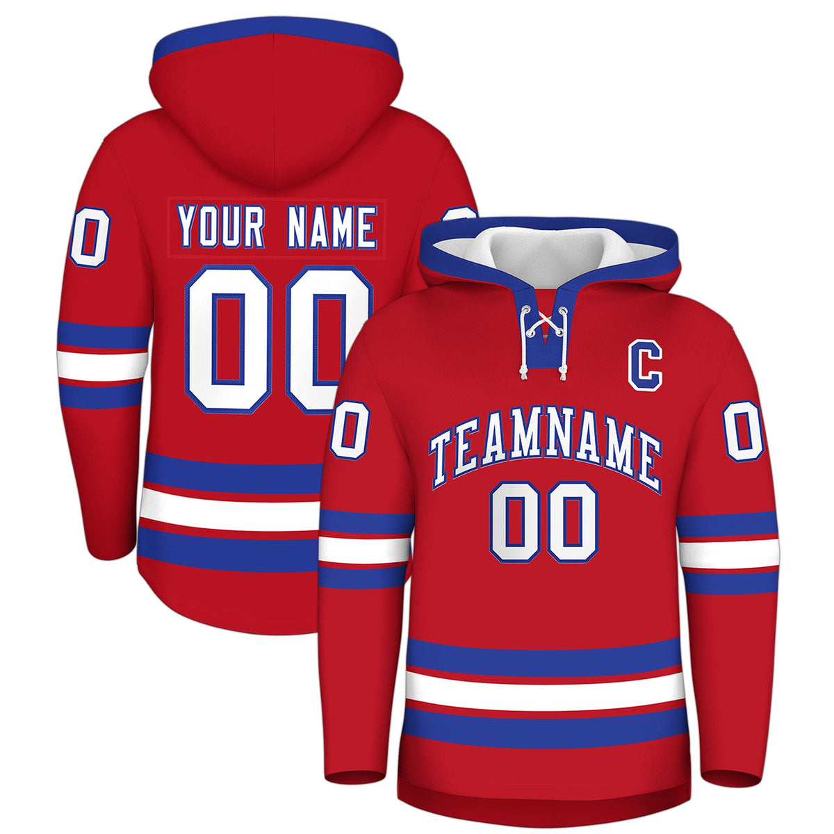 Custom Hockey Hoodie Jersey Red Royal Blue Classic Style Add Name,Number & Logo