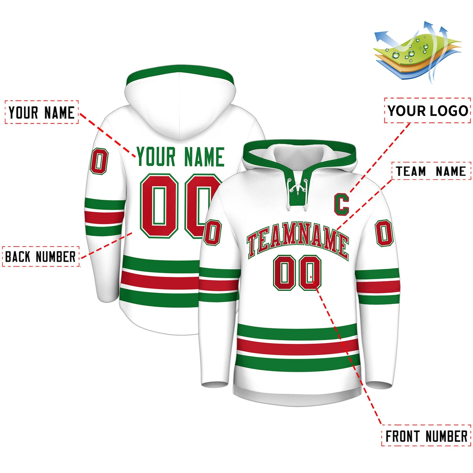 Custom Hockey Hoodie Jersey White Kelly Green Classic Style Add Name,Number & Logo