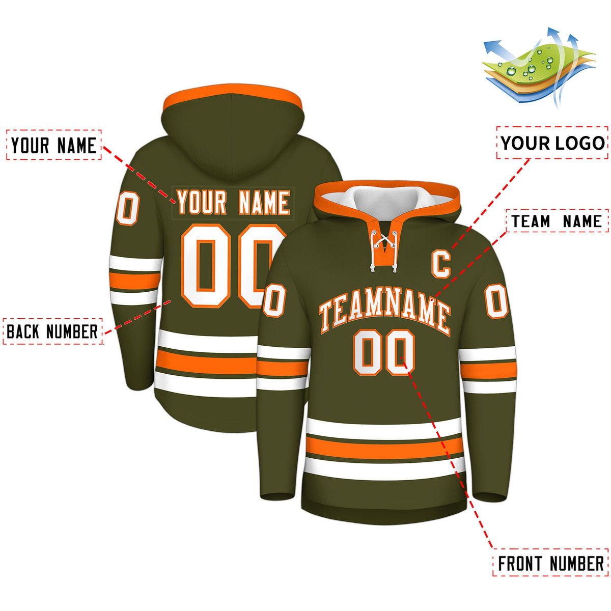 Custom Hockey Hoodie Jersey Olive Orange Classic Style for Men&Youth
