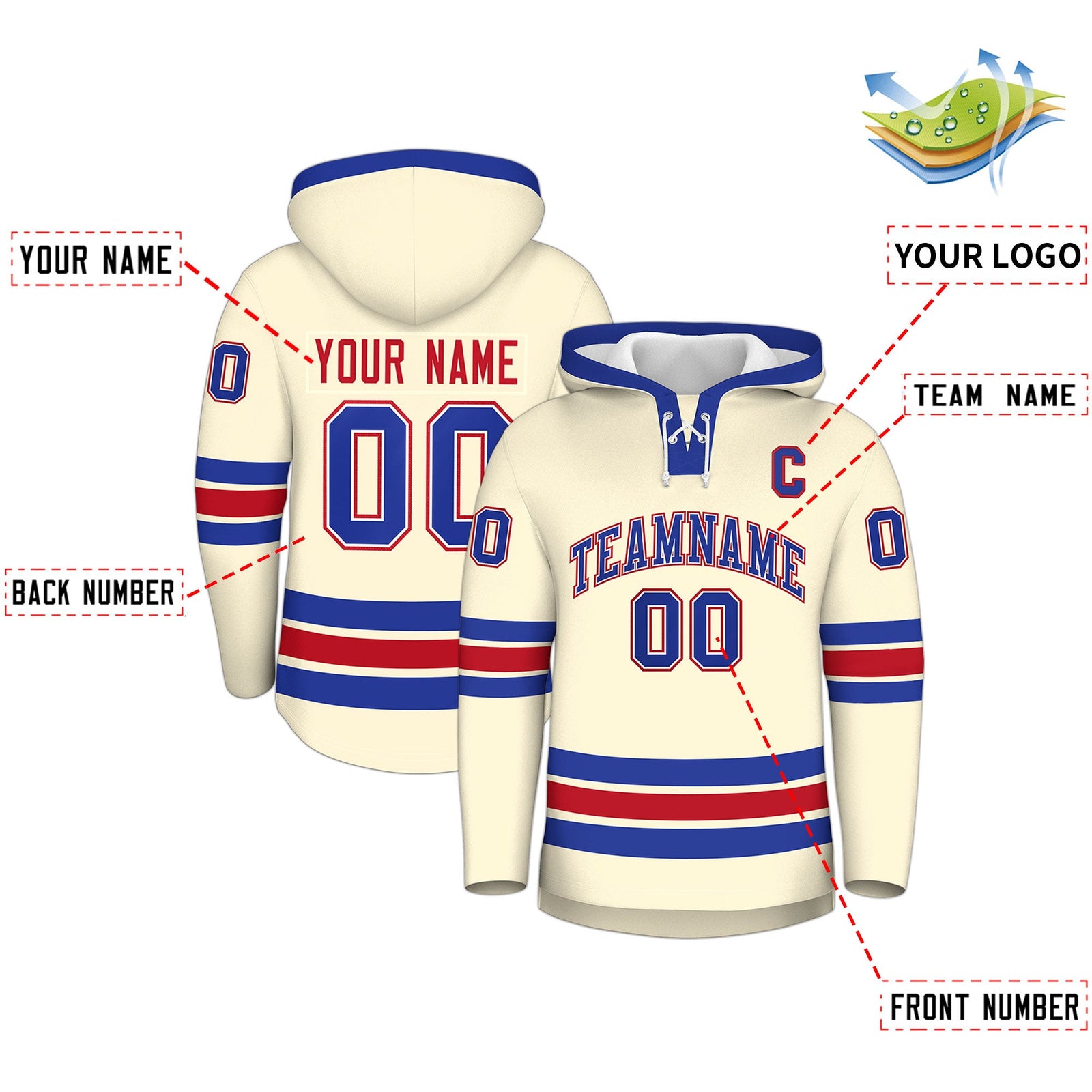 Custom Hockey Hoodie Jersey Cream Royal Blue Classic Style Add Name,Number & Logo