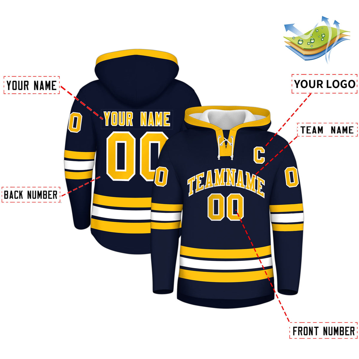 Custom Hockey Hoodie Jersey Navy White Classic Style Add Name,Number & Logo