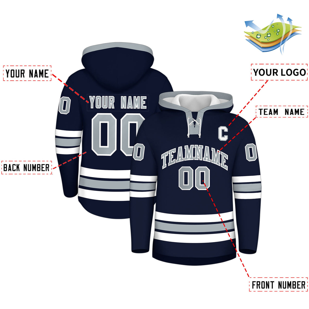 Custom Hockey Hoodie Jersey Navy Silver Classic Style Add Name,Number & Logo