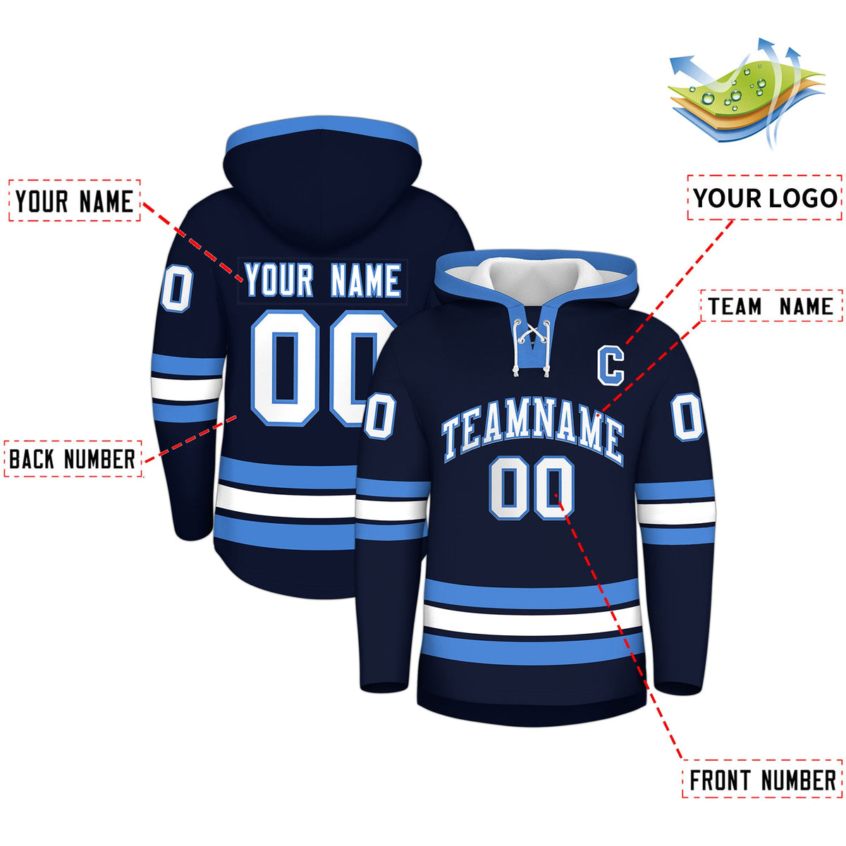 Custom Hockey Hoodie Jersey Navy Powder Blue Classic Style for Men&Youth
