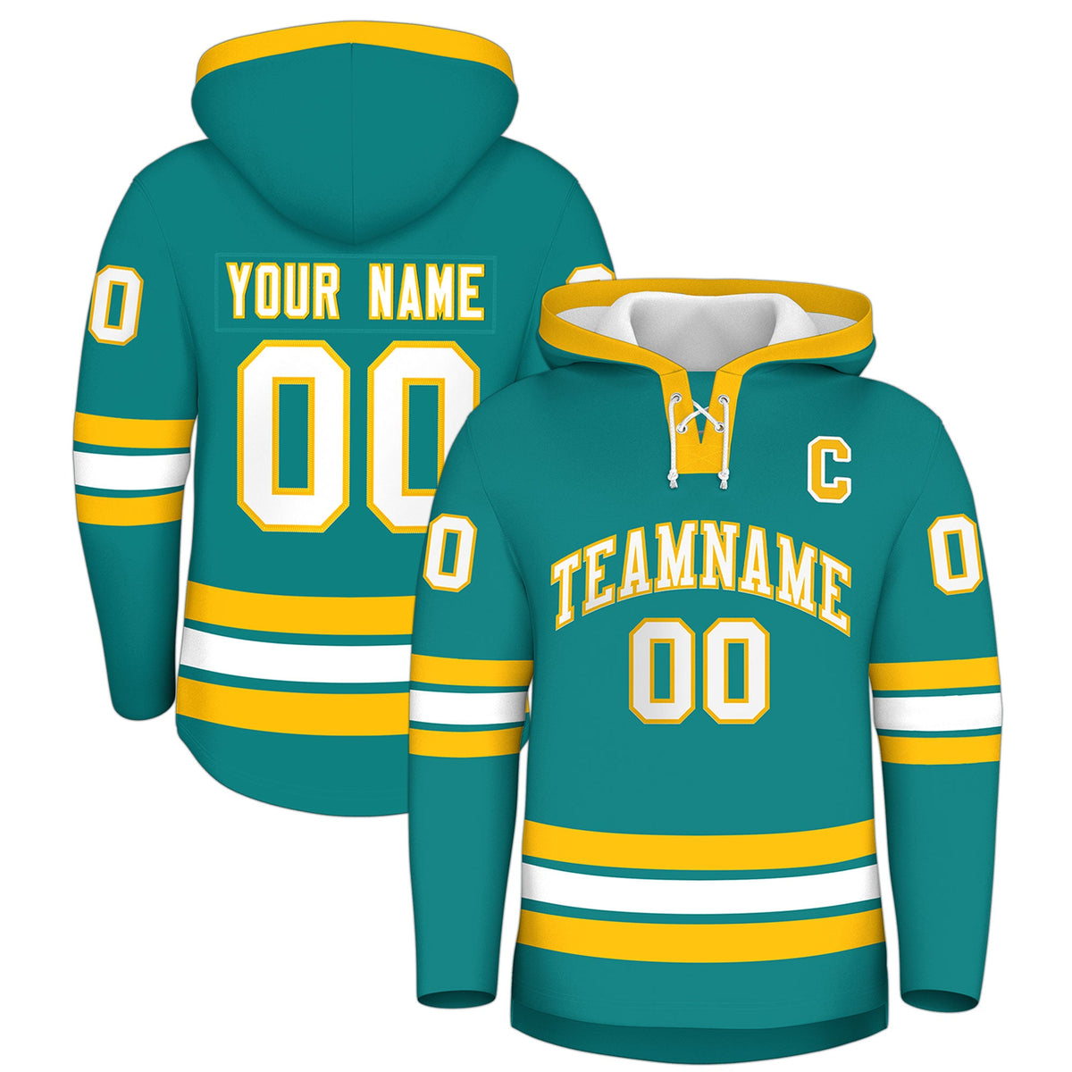 Custom Hockey Hoodie Jersey Teal Gold Classic Style Add Name,Number & Logo